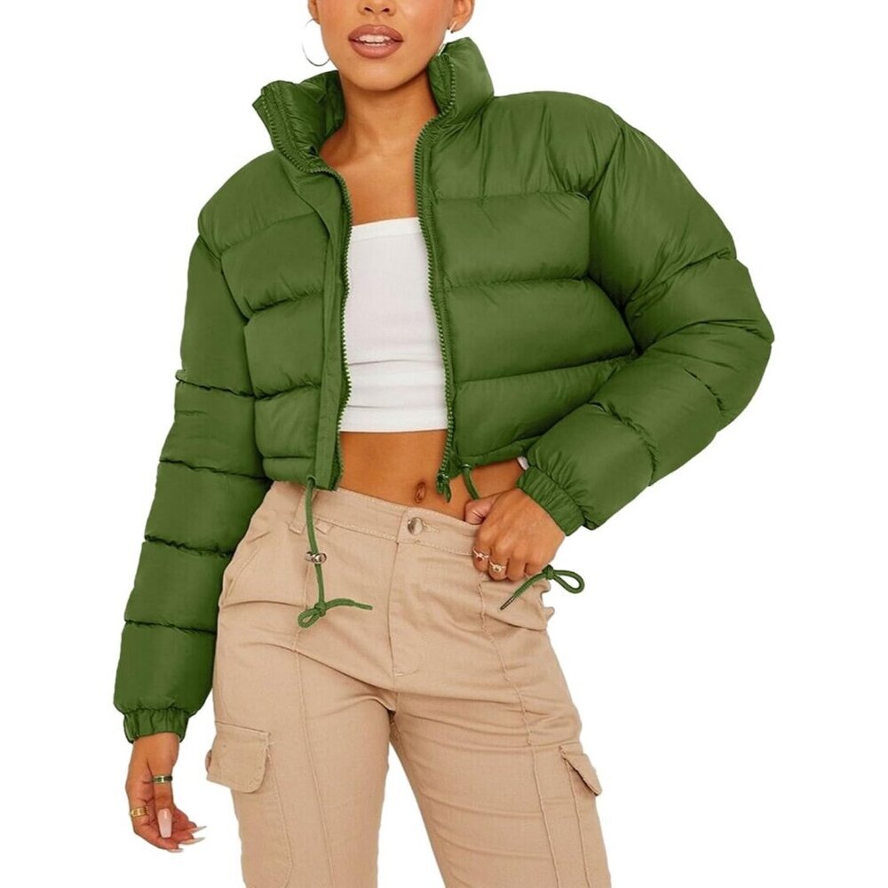 Women's Short Down Green Puffer Jacket Coat Winter Warm Zip Up Bubble Pocket